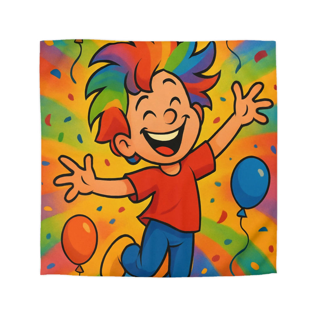 Housse de couette colorée avec enfant joyeux et ballons arc-en-ciel, ambiance festive