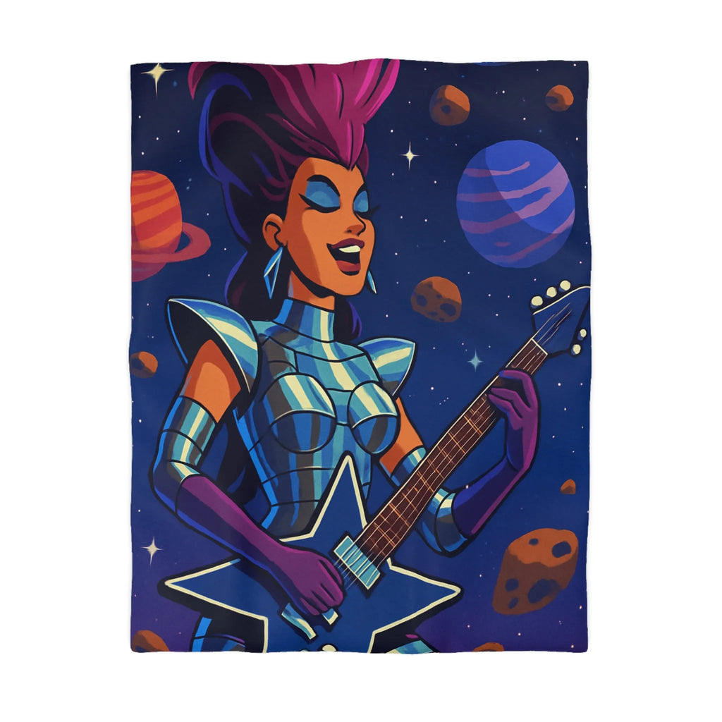 Housse de couette espace cosmique avec musicienne extraterrestre jouant de la guitare étoilée