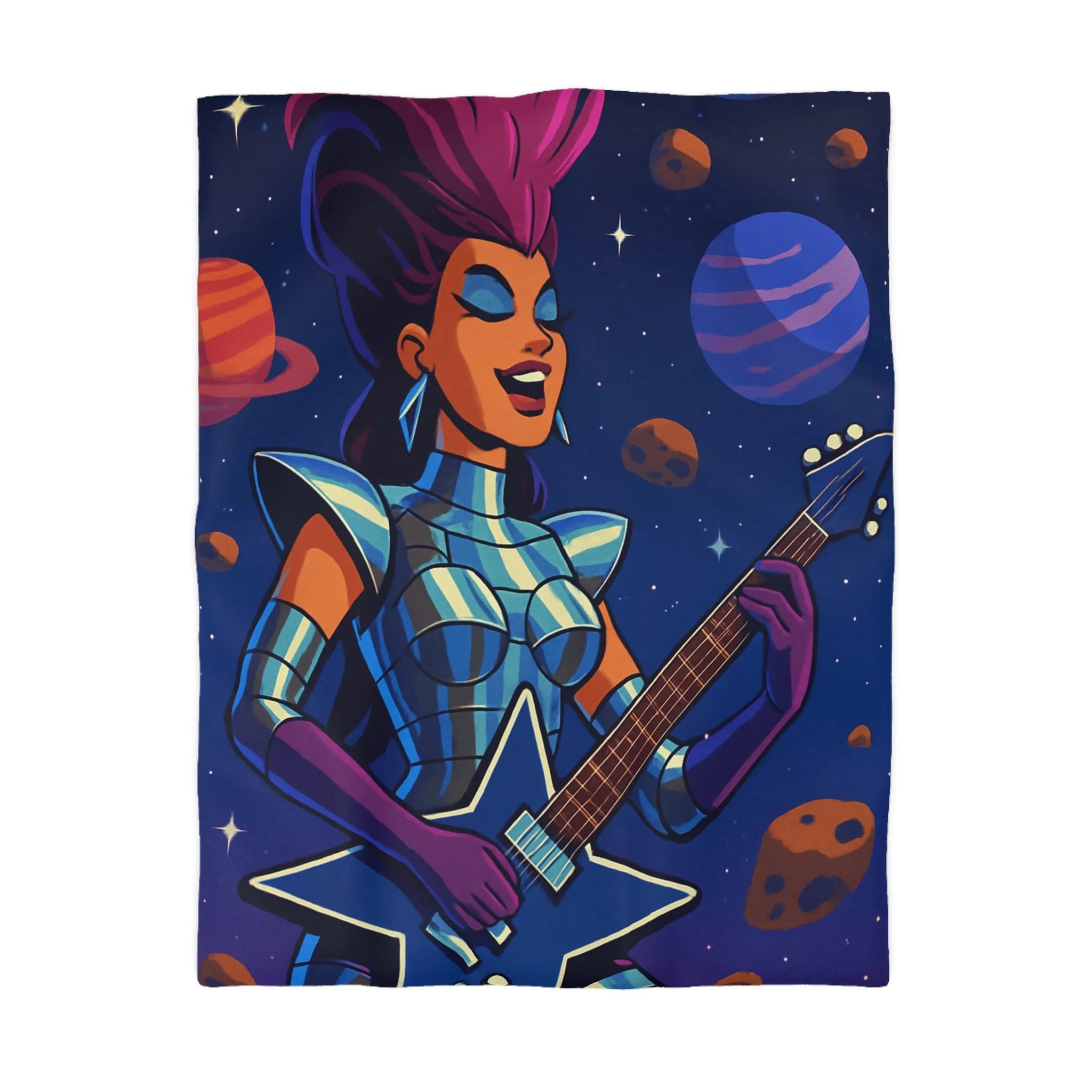 Housse de couette espace cosmique avec musicienne extraterrestre jouant de la guitare étoilée