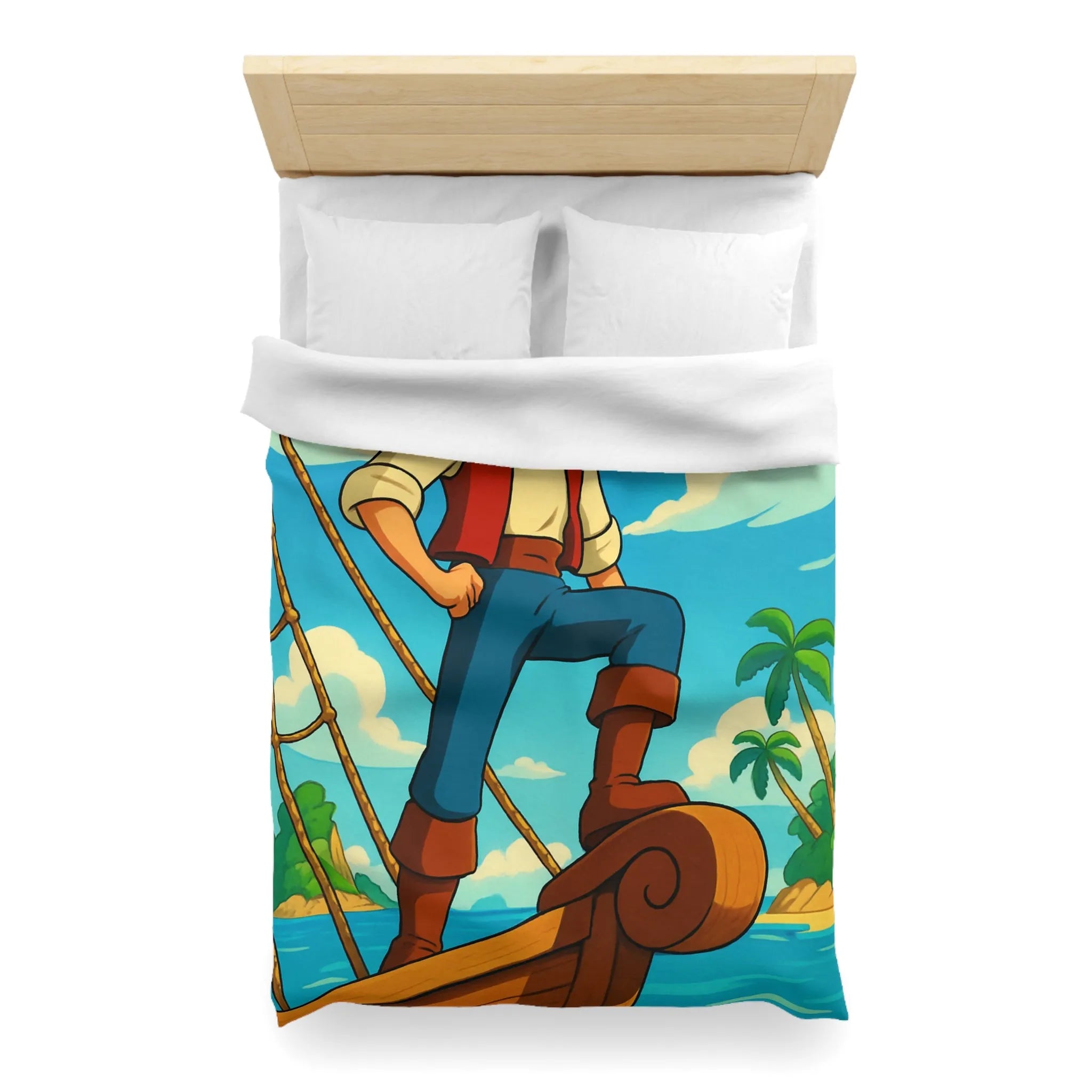 Housse de couette avec illustration de marin aventurier naviguant parmi palmiers et mer azur