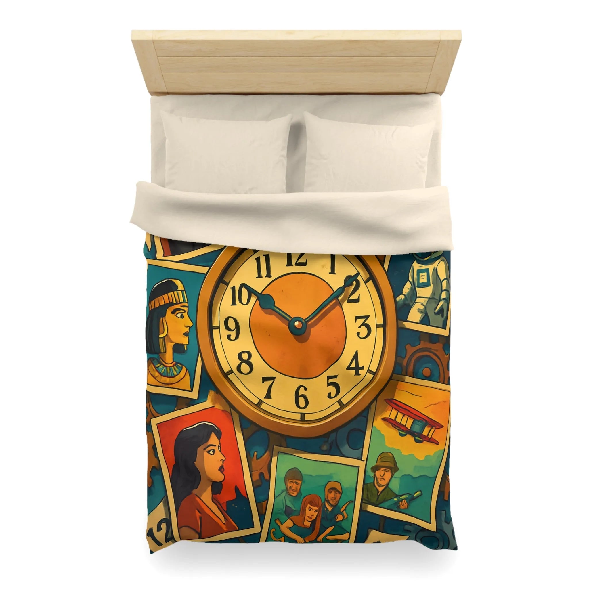 Housse de couette illustrant l'histoire colorée avec des figures emblématiques du temps et de l'espace