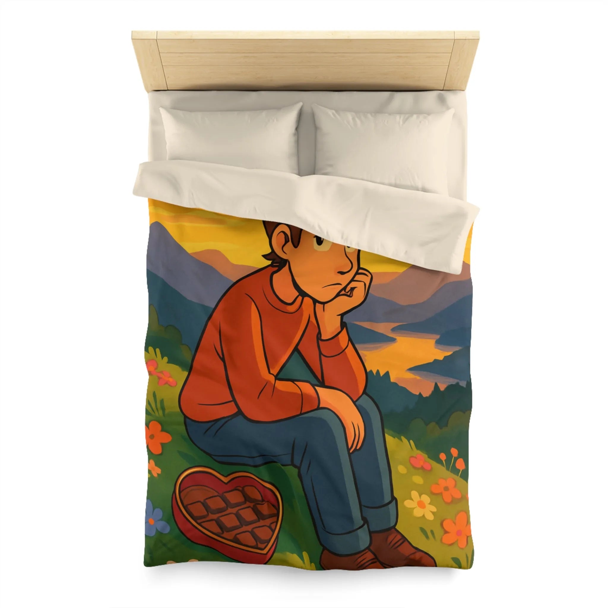 Housse de Couette Illustrée: Paysage Coloré avec Personnage Réfléchi et Coeur en Chocolat