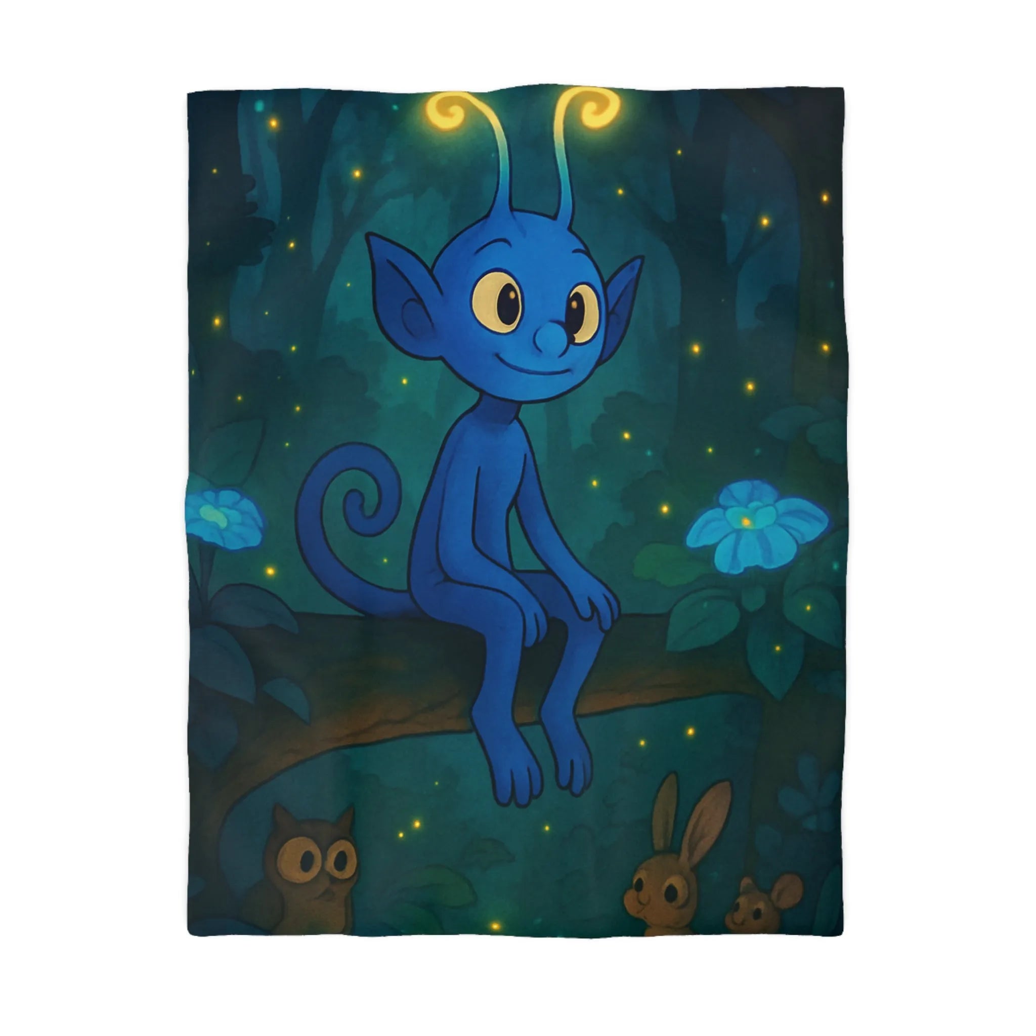 Housse de couette magique avec créature bleue lumineuse et forêt enchantée nocturne