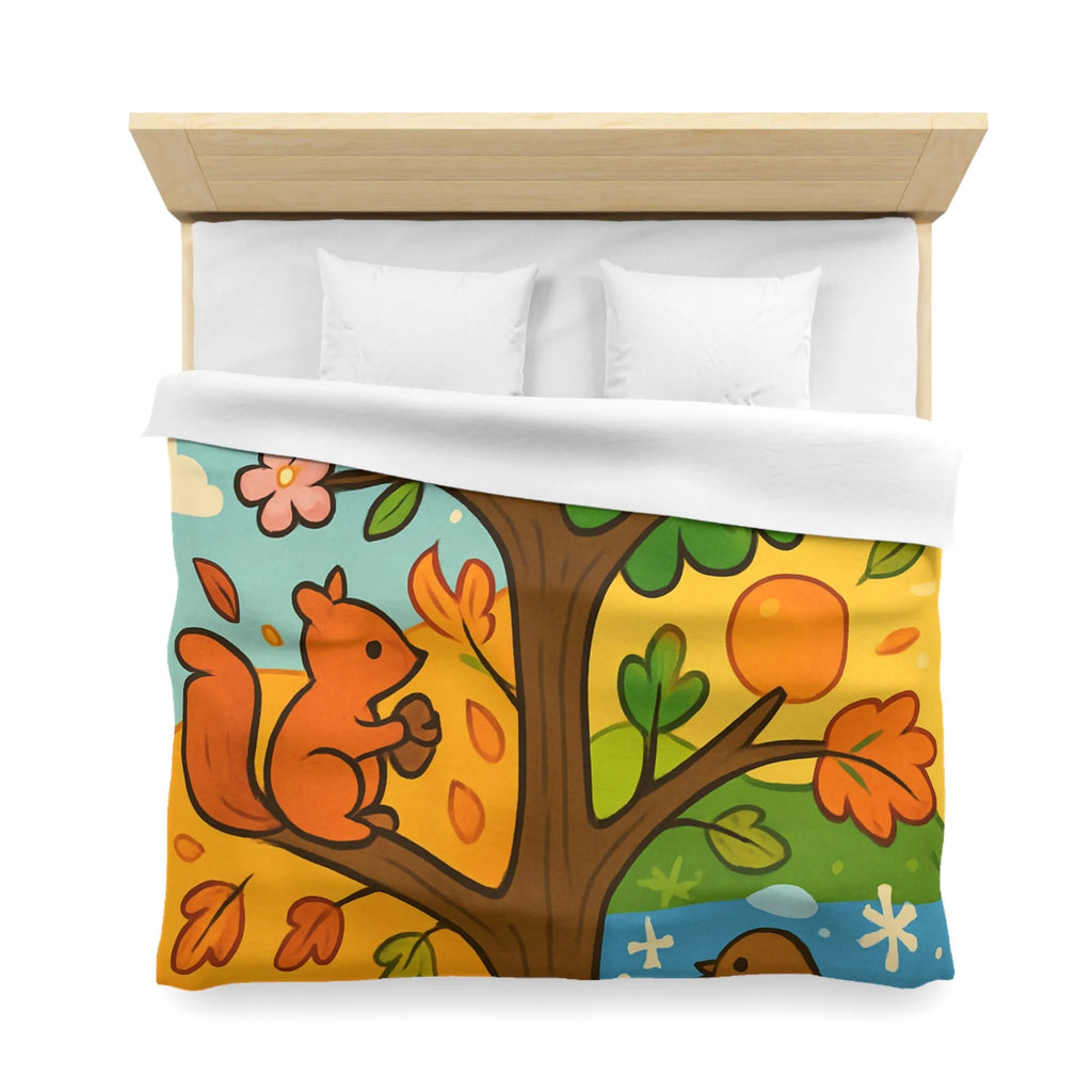 Housse de couette illustrée de l'arbre des quatre saisons avec nature et faune