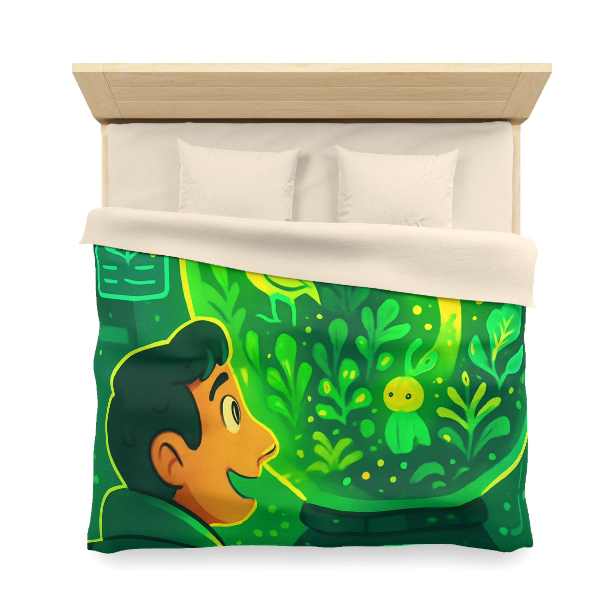 Housse de couette verte forêt magique avec créatures et éléments de laboratoire lumineux