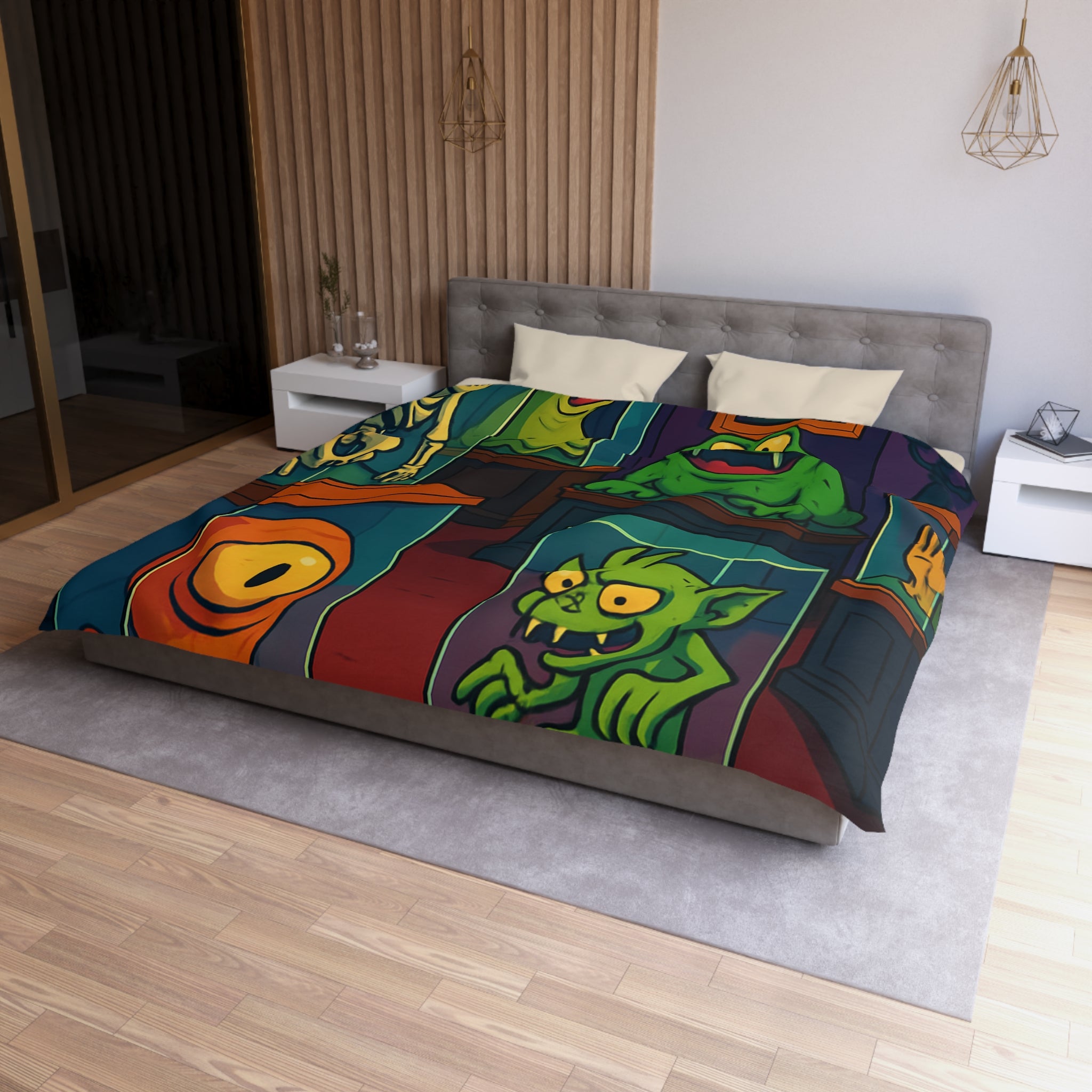 Housse de couette pour enfant avec monstres comiques dans un musée fantaisiste et coloré