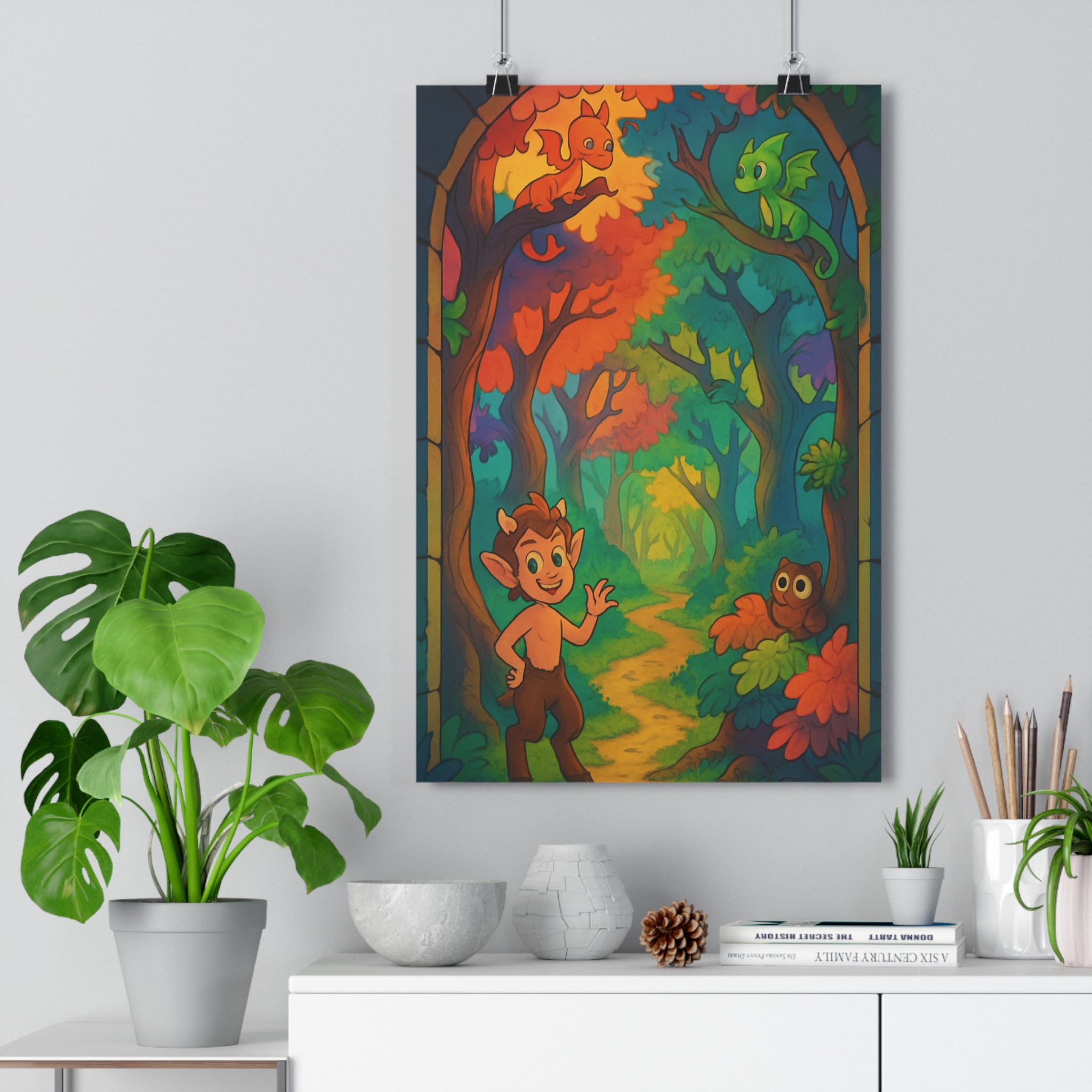 Poster décoratif cartoon forêt mystique joyeux enfants dragons couleurs vives magie chambre salon qualité