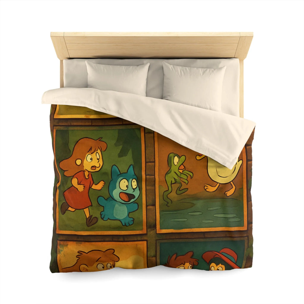 Housse de couette illustrée de scènes animées animalières et humaines ludiques et colorées