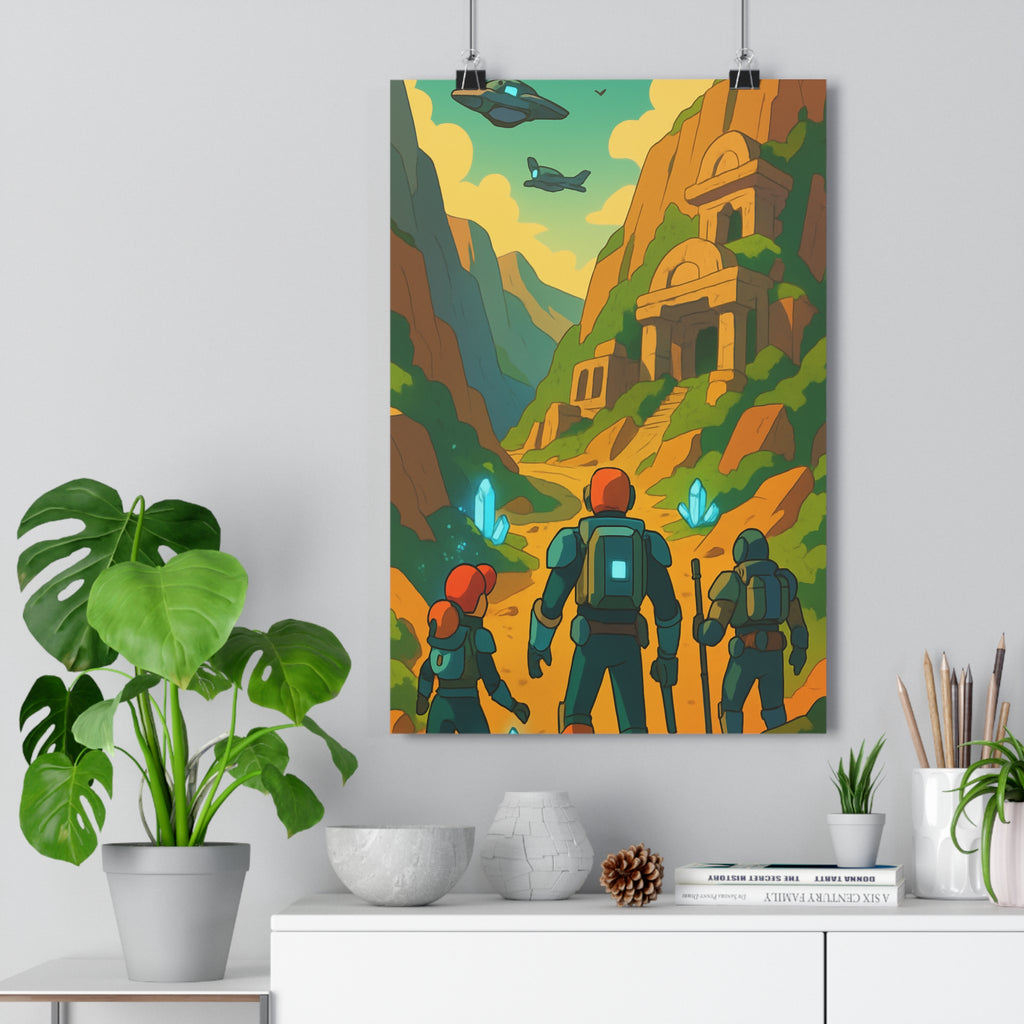 Poster décoratif rétrofuturiste vert orange aventure sciencefiction salon chambre explorateurs montagnes cristaux structure vaisseaux