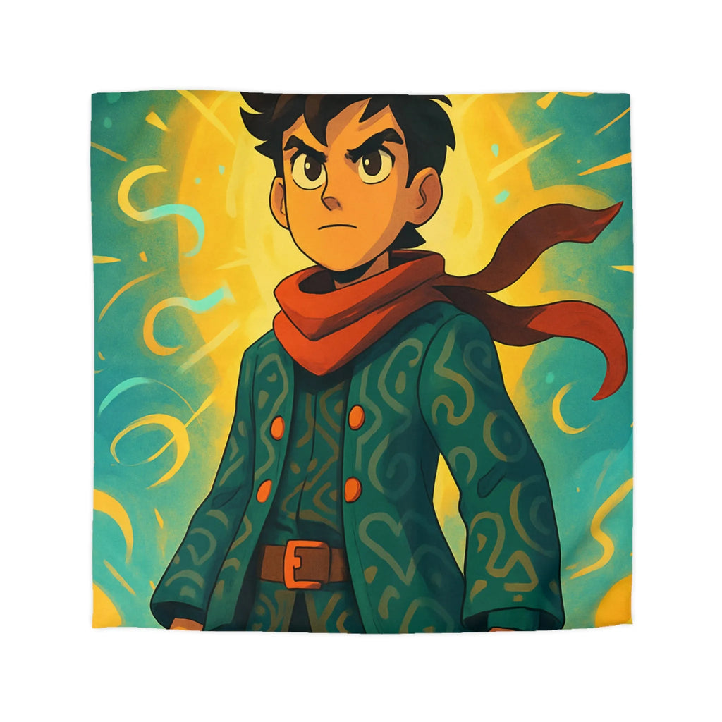 Éclatante illustration magique pour housse de couette avec personnage courageux et motifs abstraits colorés