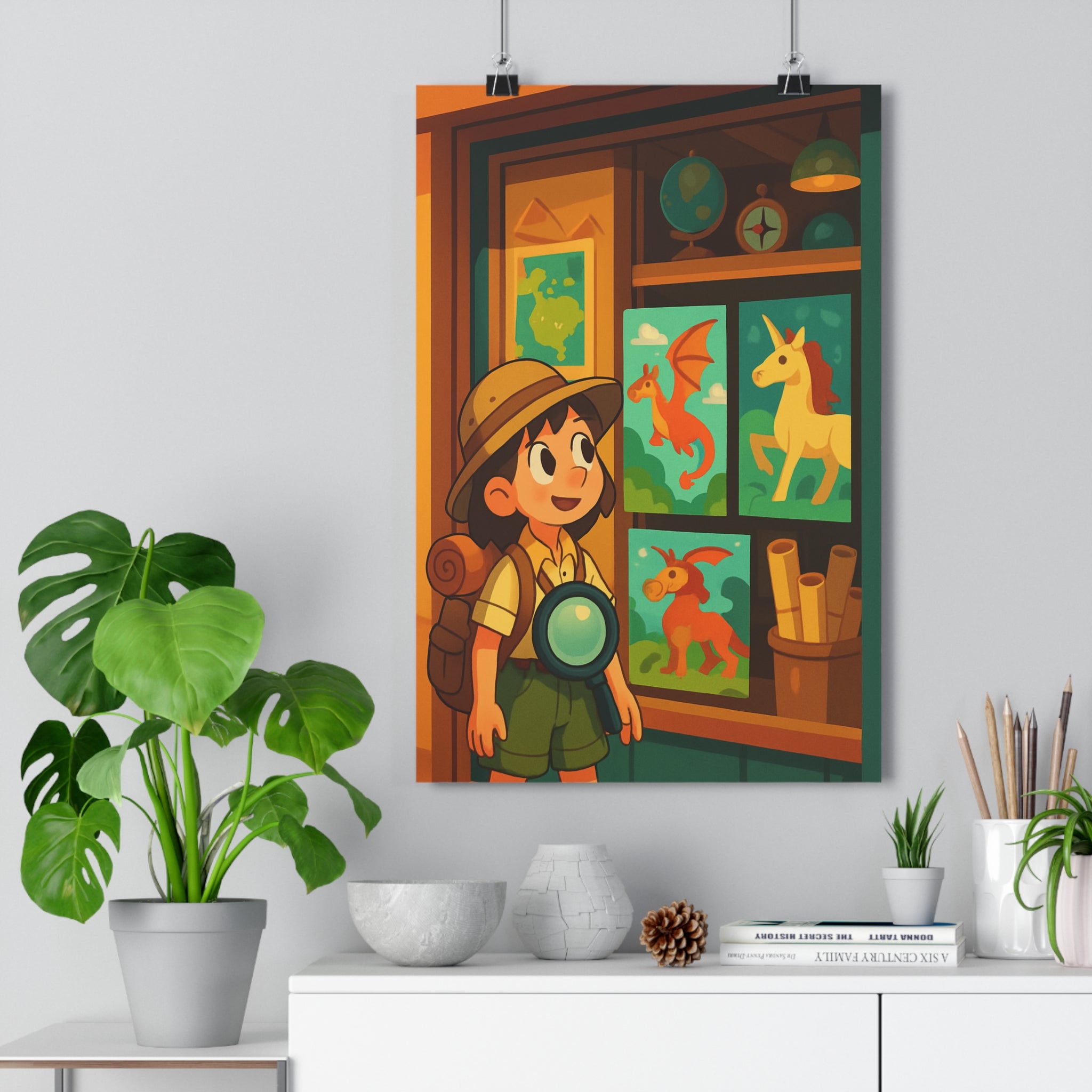 Poster décoratif explorateur enfant aventure dragon licorne mappemonde joyeux chambre couleurs vives cartoon stimulant