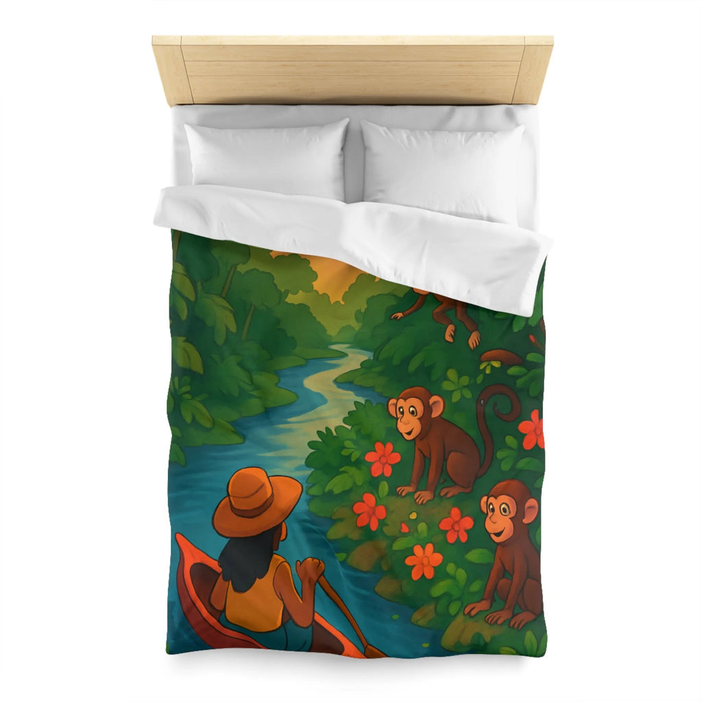 Housse de Couette Jungle avec Singes et Femme en Canot sur Rivière Tropicale