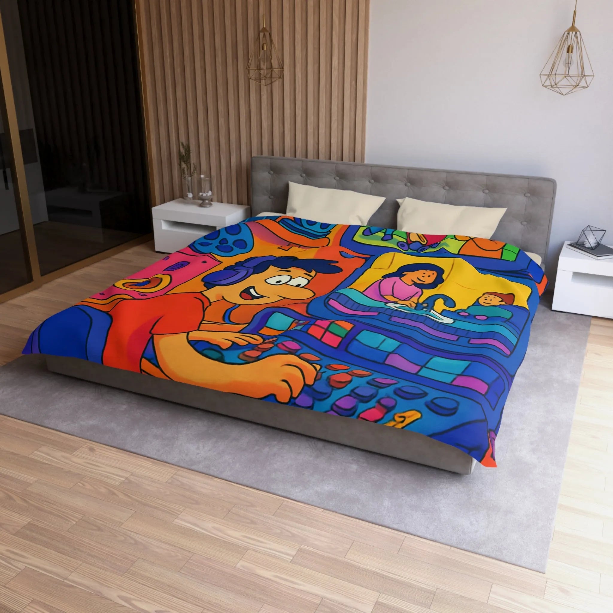 Housse de couette colorée avec illustrations joyeuses pour chambre d'enfant moderne et ludique