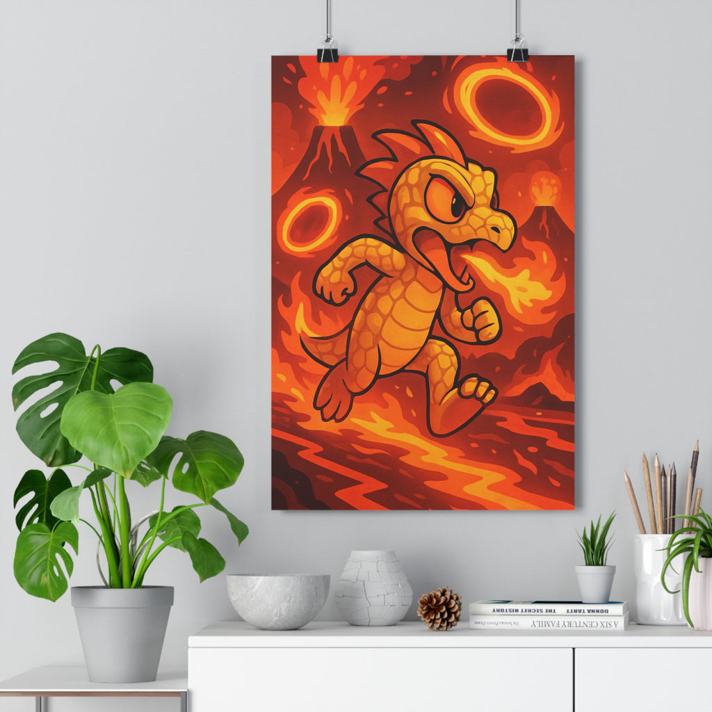 Poster décoratif dragon cartoon rouge orange jaune aventure chambre enfant dynamique 30x46 cm énergétique