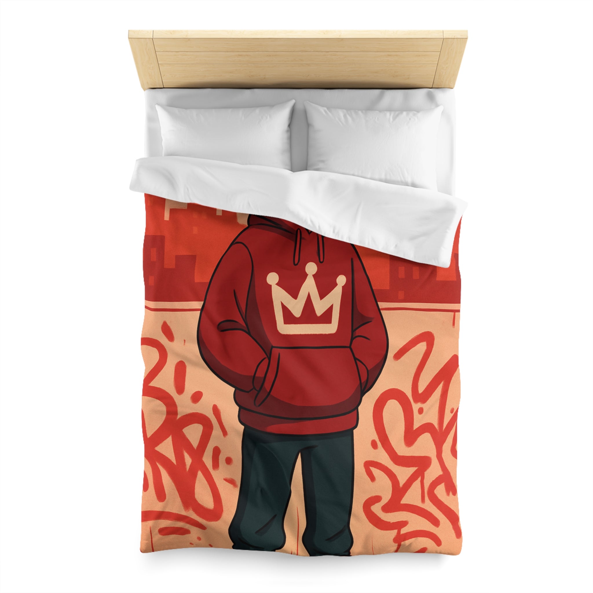 Housse de couette urbaine rouge avec motif couronne et graffiti artistique moderne