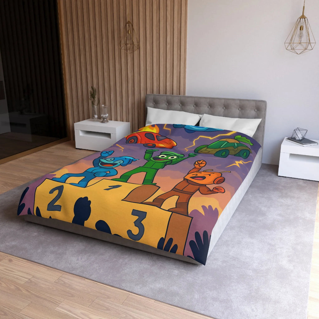 Housse de couette colorée avec podium de victoire et voitures exotiques dessinées