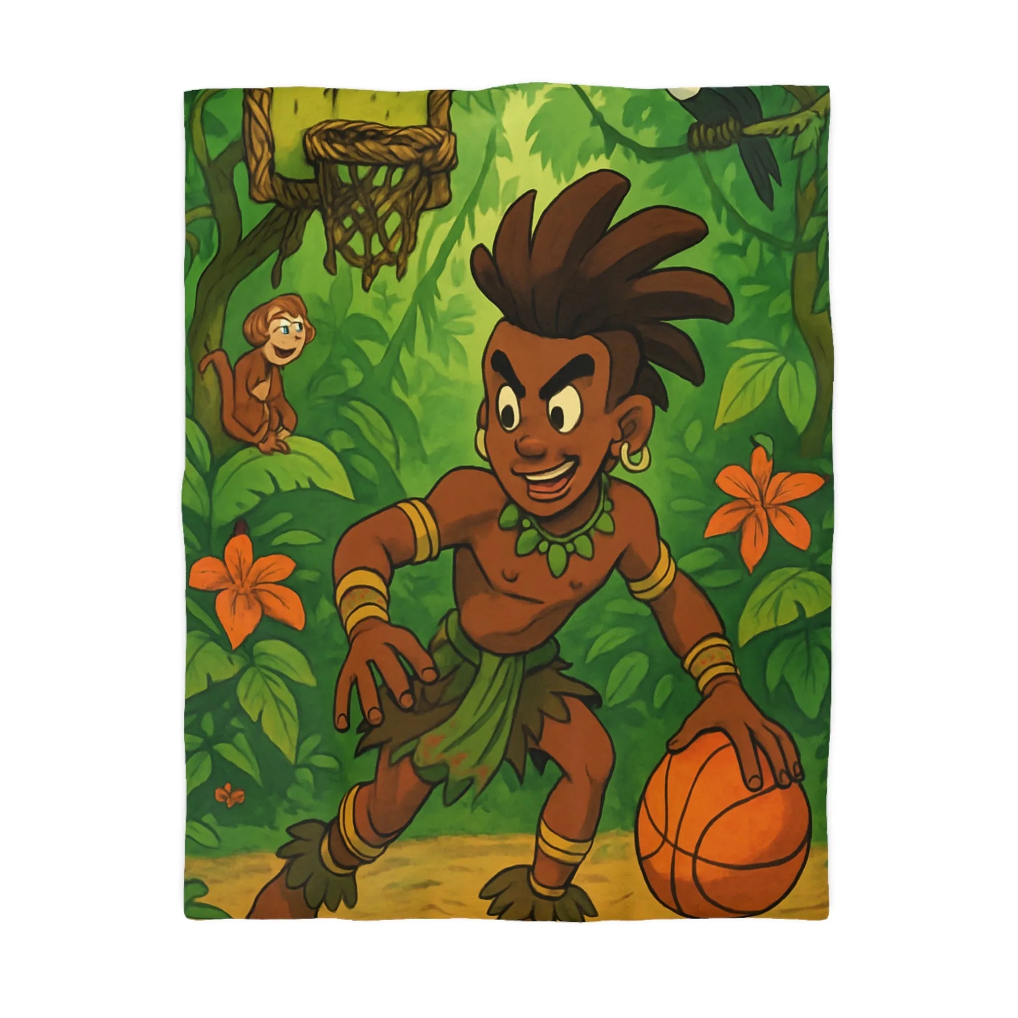 Housse de couette jungle avec garçon joueur de basket et animaux exotiques colorés