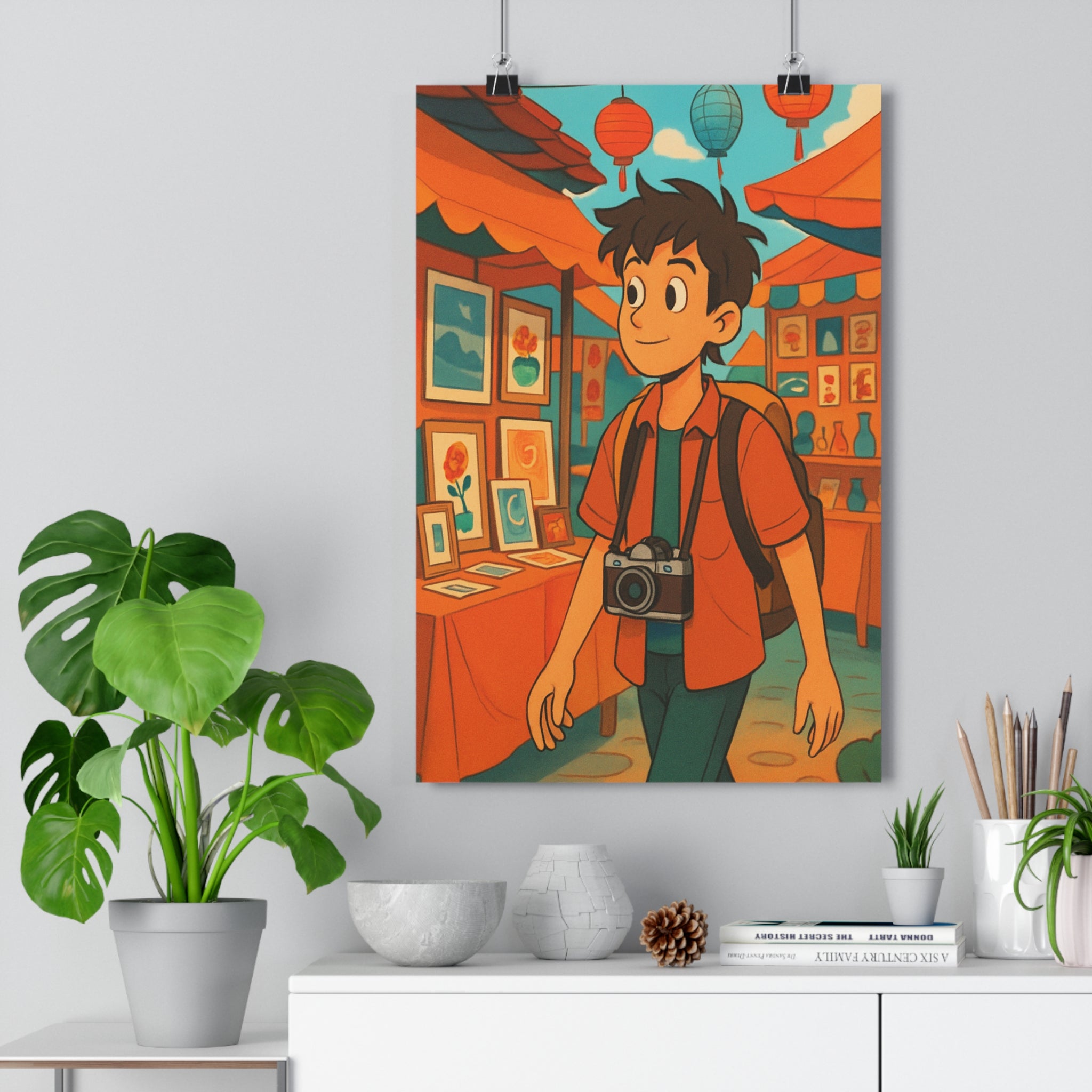 Poster décoratif marché coloré animé joyeux salon moderne art fleuri aventure peinture lanternes photo