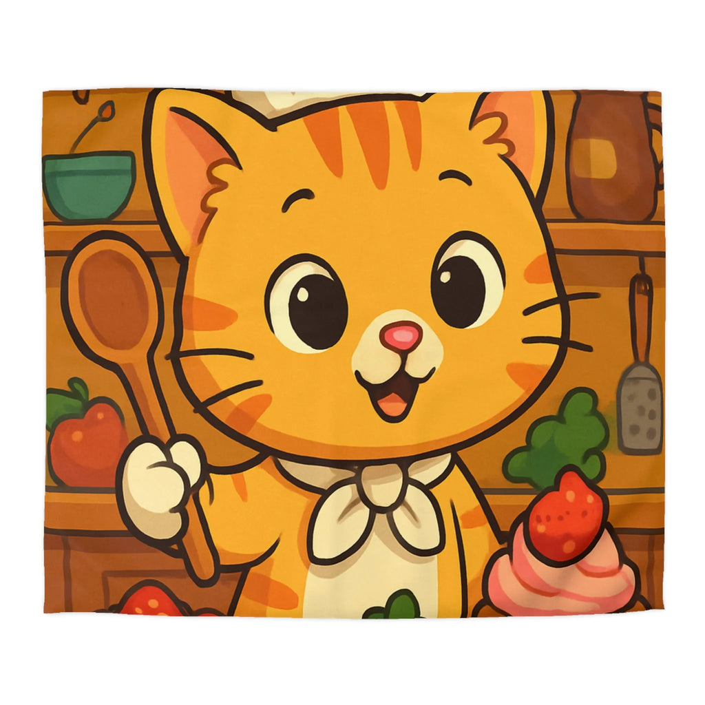 Housse de couette colorée avec chat cuisinier et pâtisseries dans une cuisine animée
