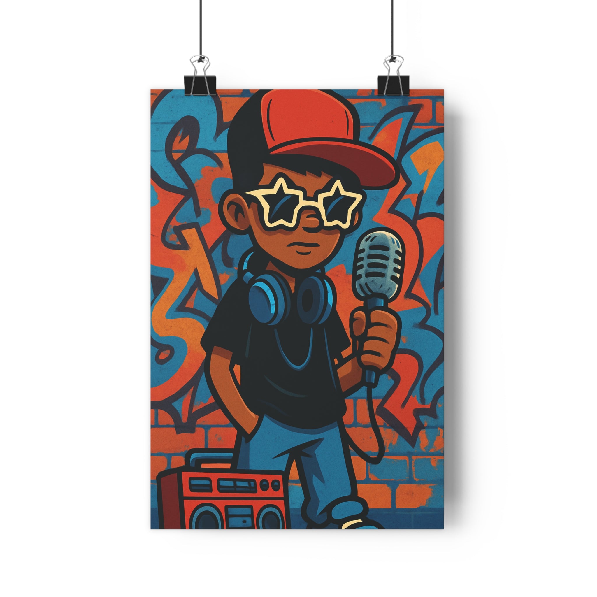 Poster décoratif cartoon rappeur lunettes étoile casquette rouge graffiti bleu orange salon chambre bureau