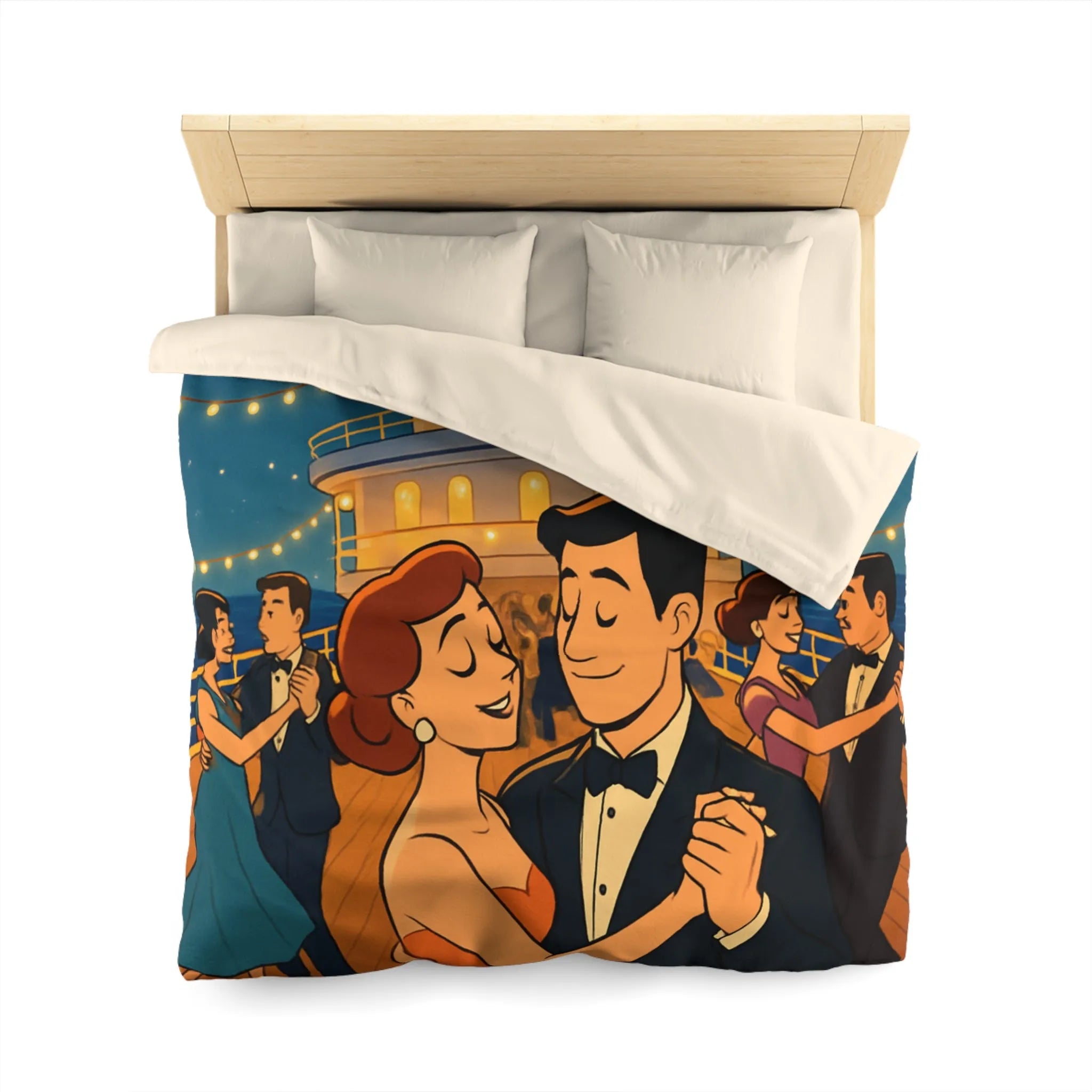 Housse de couette élégante avec danse romantique rétro sur un pont de navire