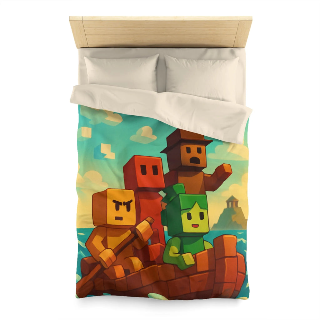 Housse de couette colorée avec personnages pixelisés sur un bateau en mer agité