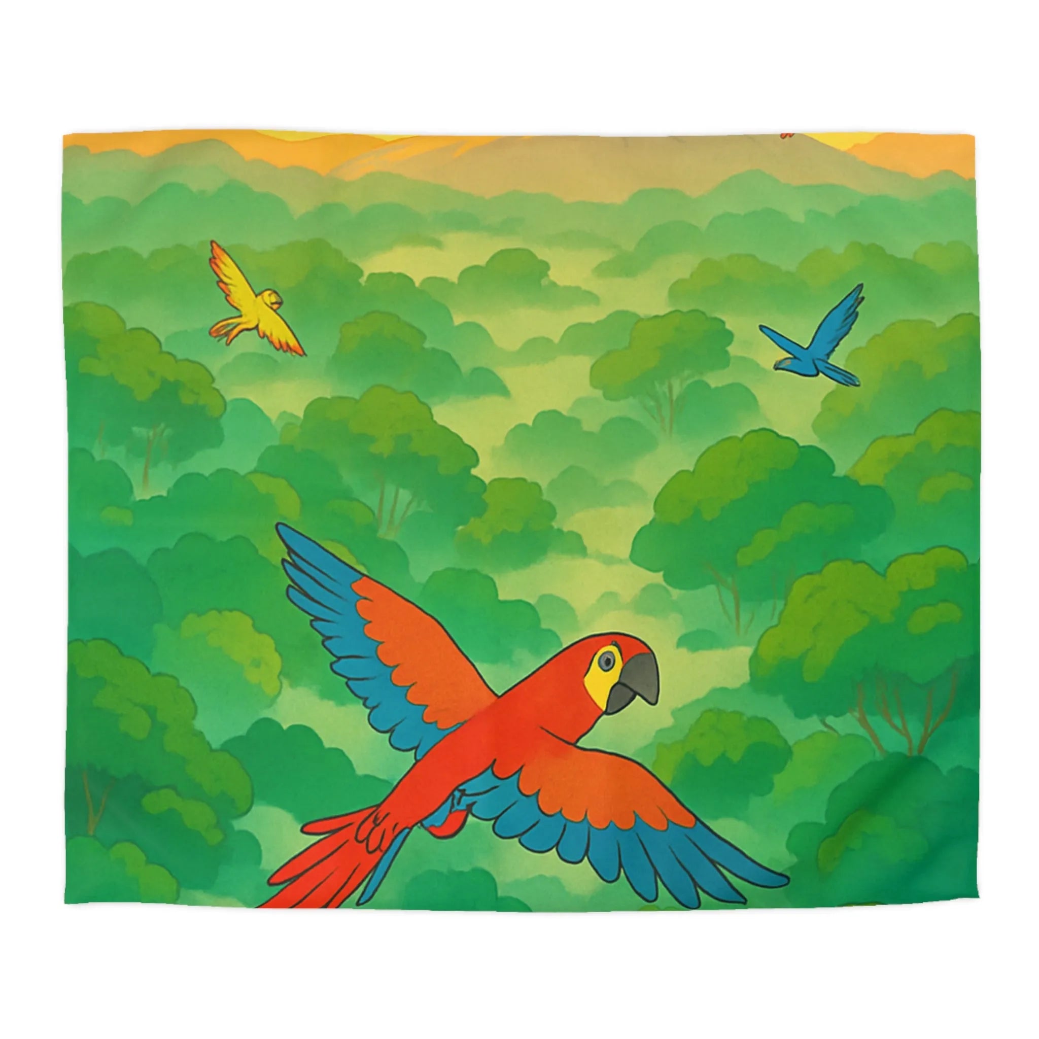 Housse de Couette Colorée Tropicale avec Perroquets et Paysage de Forêt Exotique