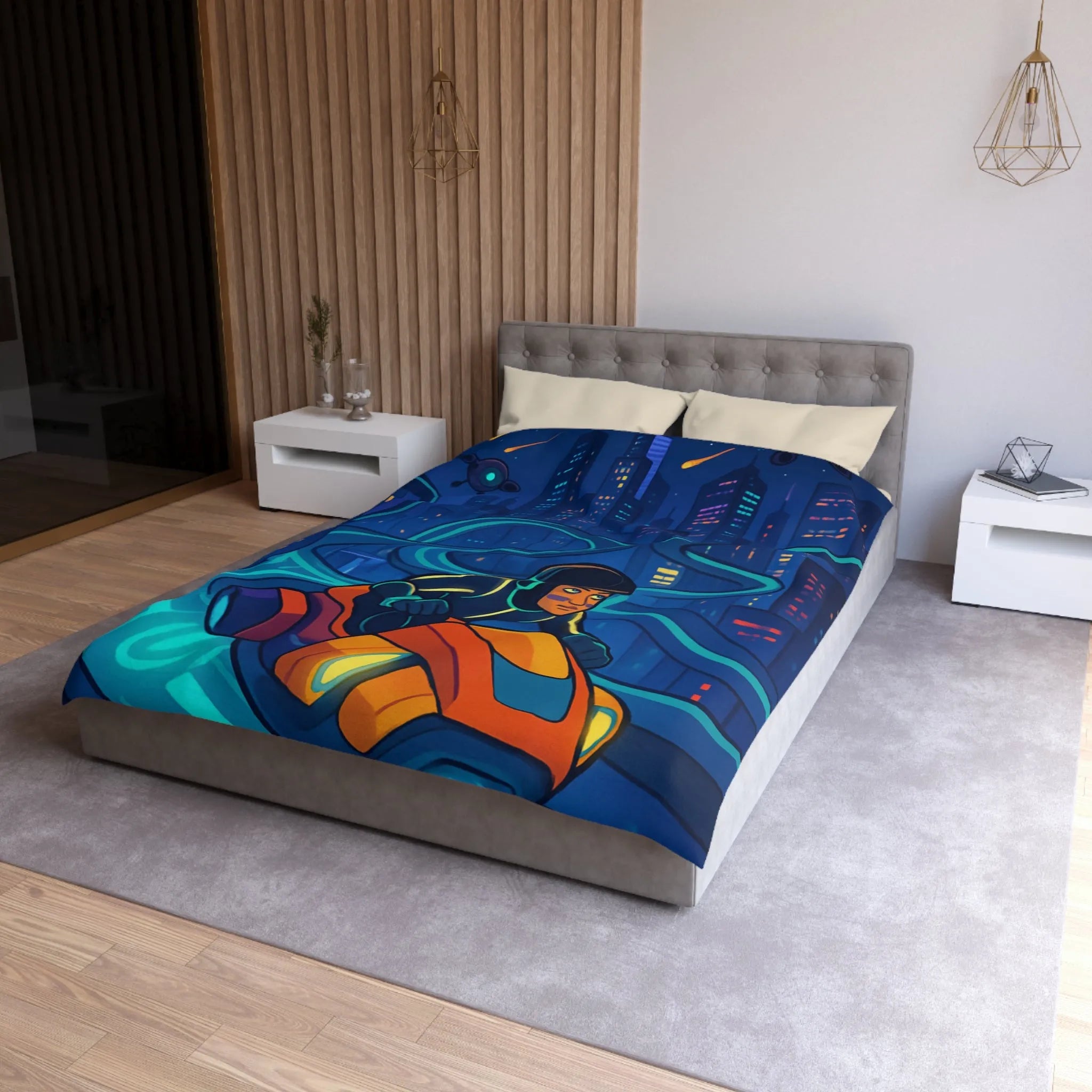Housse de couette futuriste moto volante dans ville éclairée aux néons