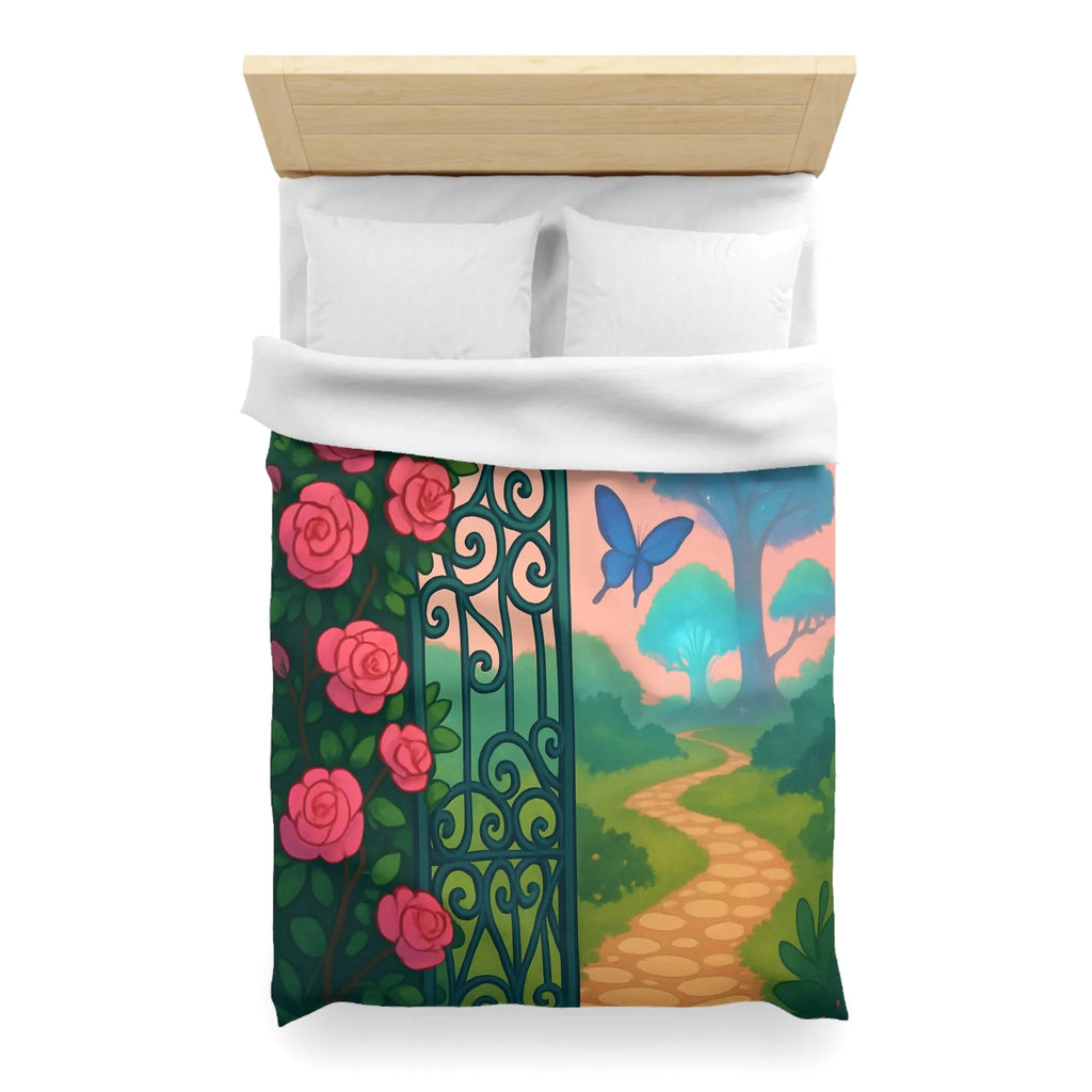 Belle housse de couette féerique avec portail fleuri et papillons colorés, jardins enchanteurs