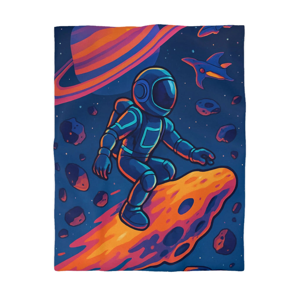 Aventure spatiale colorée avec astronaute sur météore, planète anneau et vaisseaux futuristes