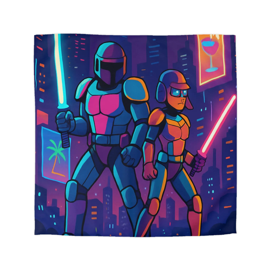 Épique housse de couette futuriste avec guerriers néon et skyline de science-fiction