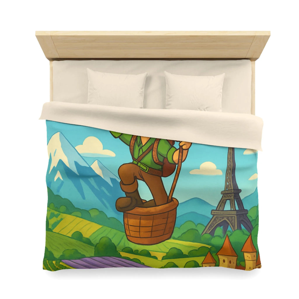 Charmant voyageur en montgolfière surplombant paysages français, champs et monuments emblématiques