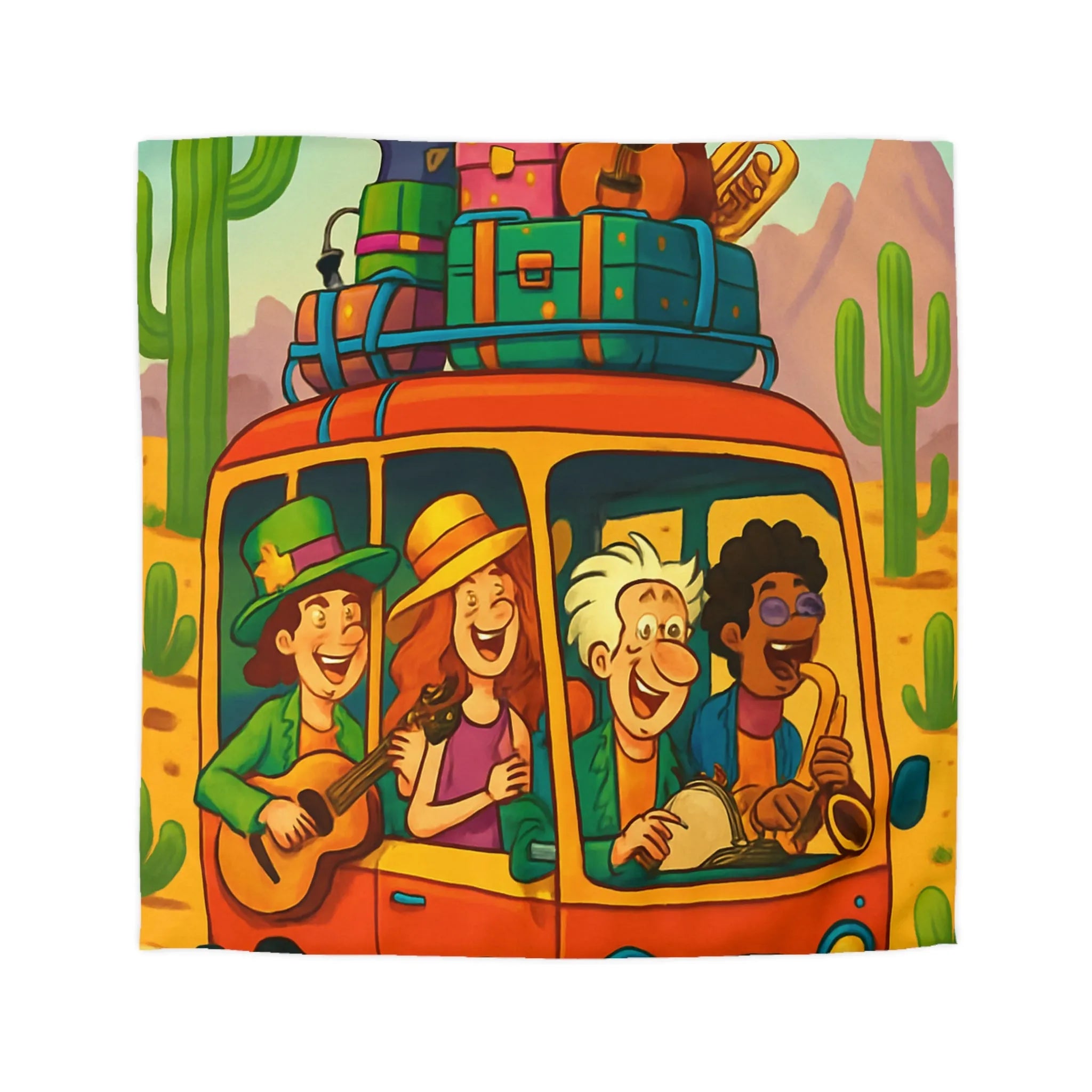 Housse de couette colorée avec paysage désertique, cactus et van musical joyeux