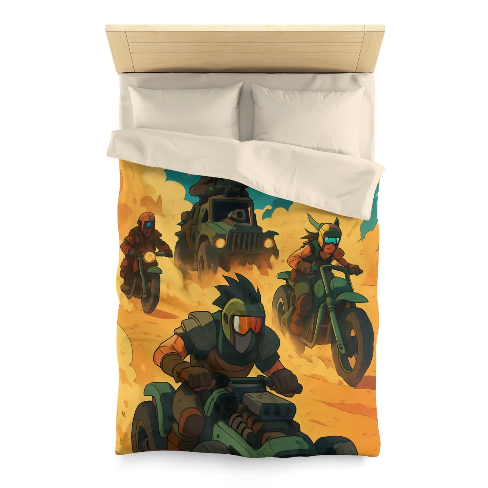 Housse de couette aventure désertique avec véhicules post-apocalyptiques et ambiance futuriste dynamique