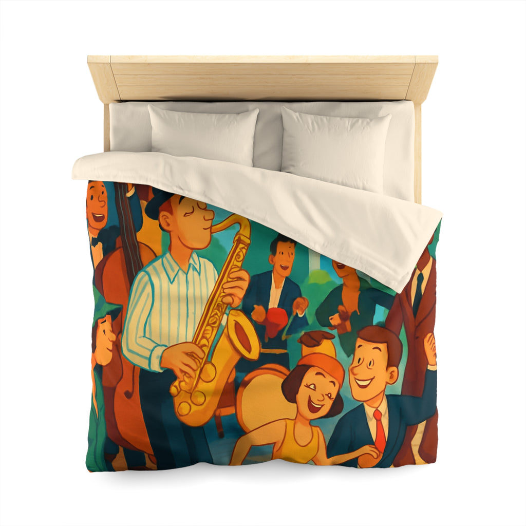 Housse de couette vintage avec scène de musique jazz animée et danse joyeuse