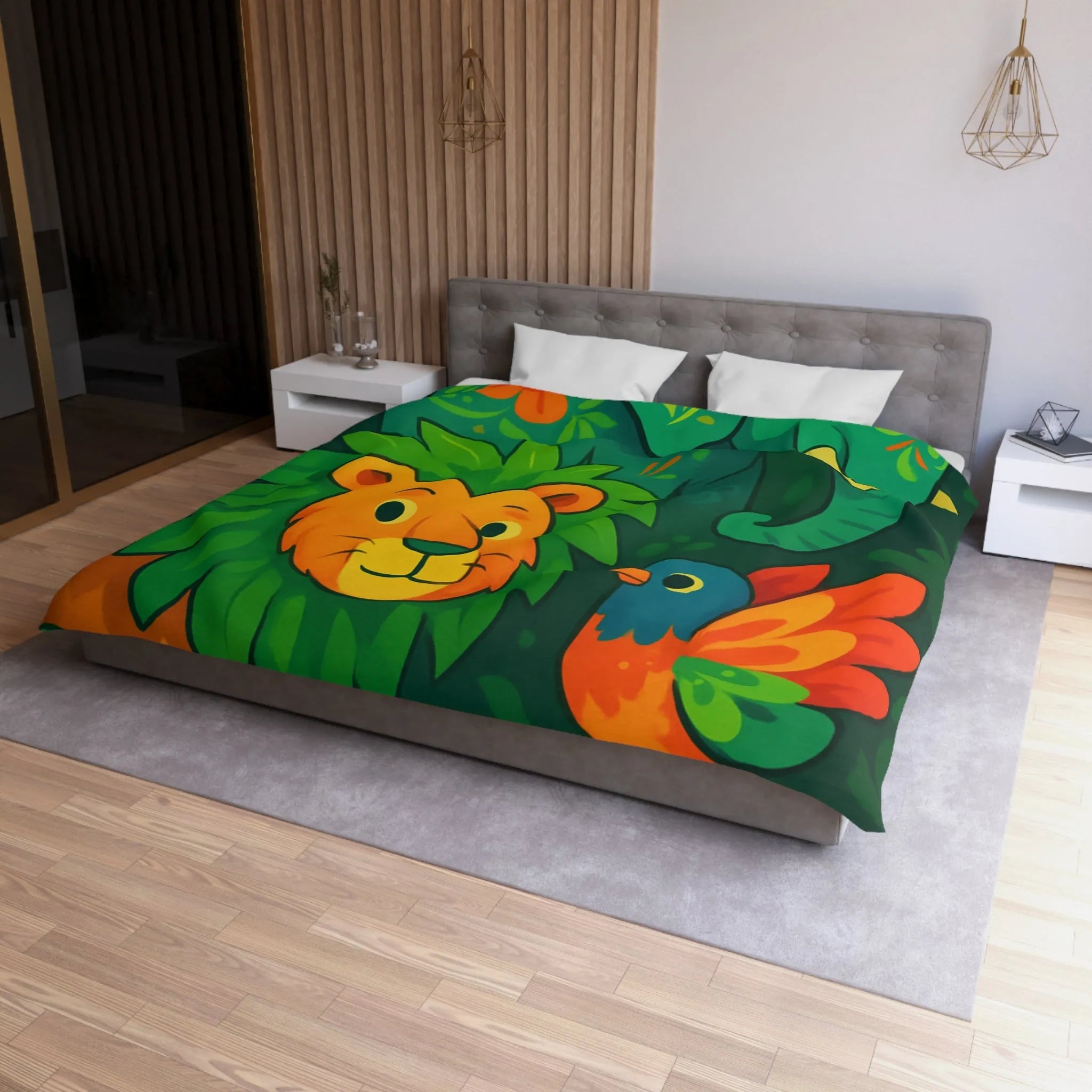 Housse de couette jungle colorée avec éléphant lion et oiseau tropical pour enfants