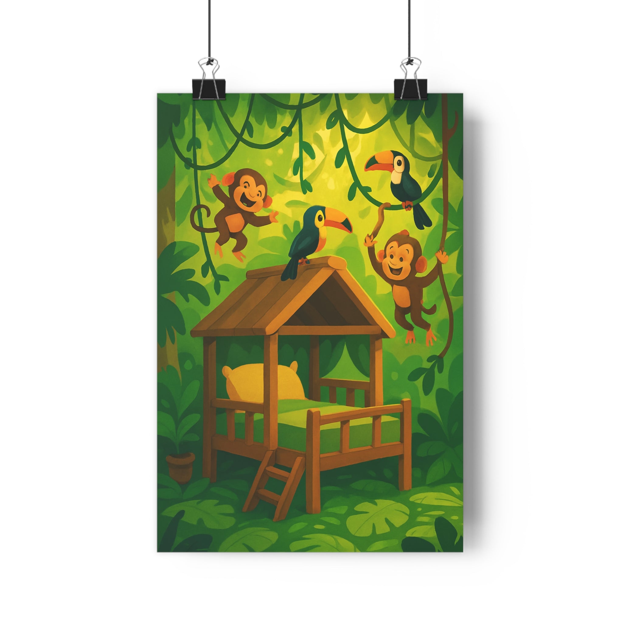 Poster décoratif jungle singes toucans colorés vert jaune cartoon aventure chambre enfant joyeux unique