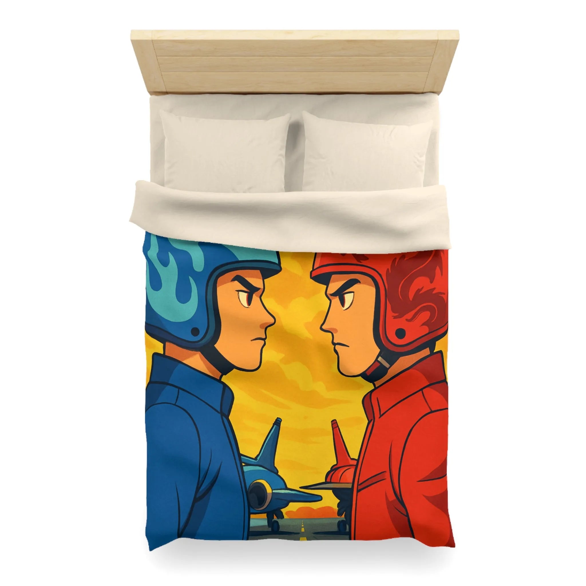 Housse de couette colorée avec deux pilotes et jets sur fond flamboyant