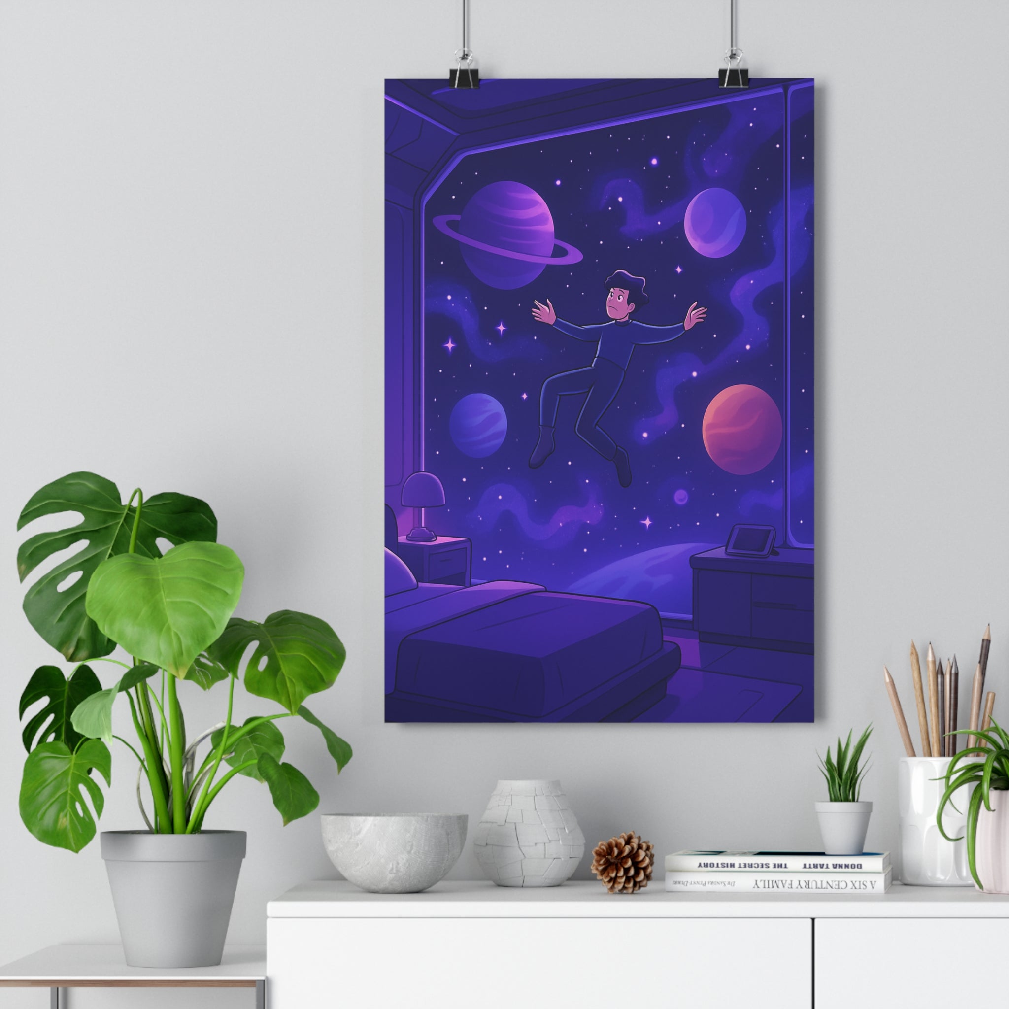 Poster décoratif aventure cosmique violet bleu cartoon mystique chambre enfant espace futuriste ambiance fascinante