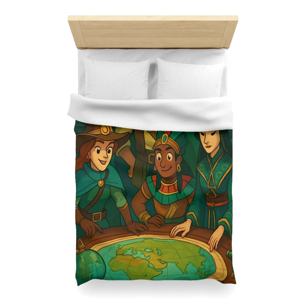 Housse de couette aventuriers explorateurs carte monde globe chapeaux costumes colorés ambiance ludique