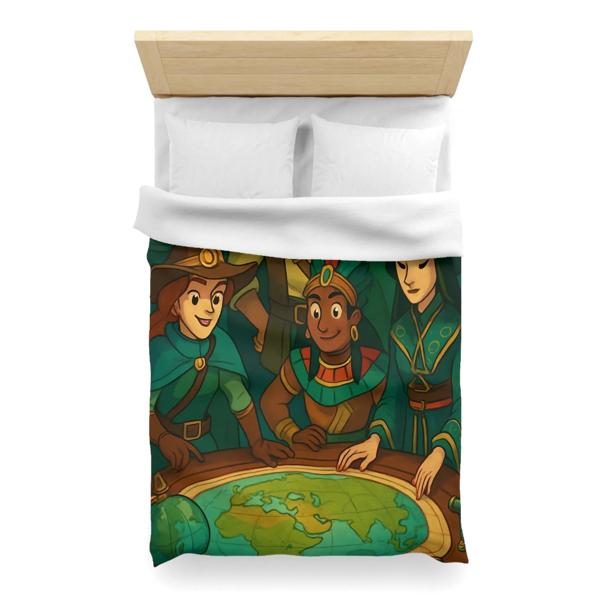 Housse de couette aventuriers explorateurs carte monde globe chapeaux costumes colorés ambiance ludique