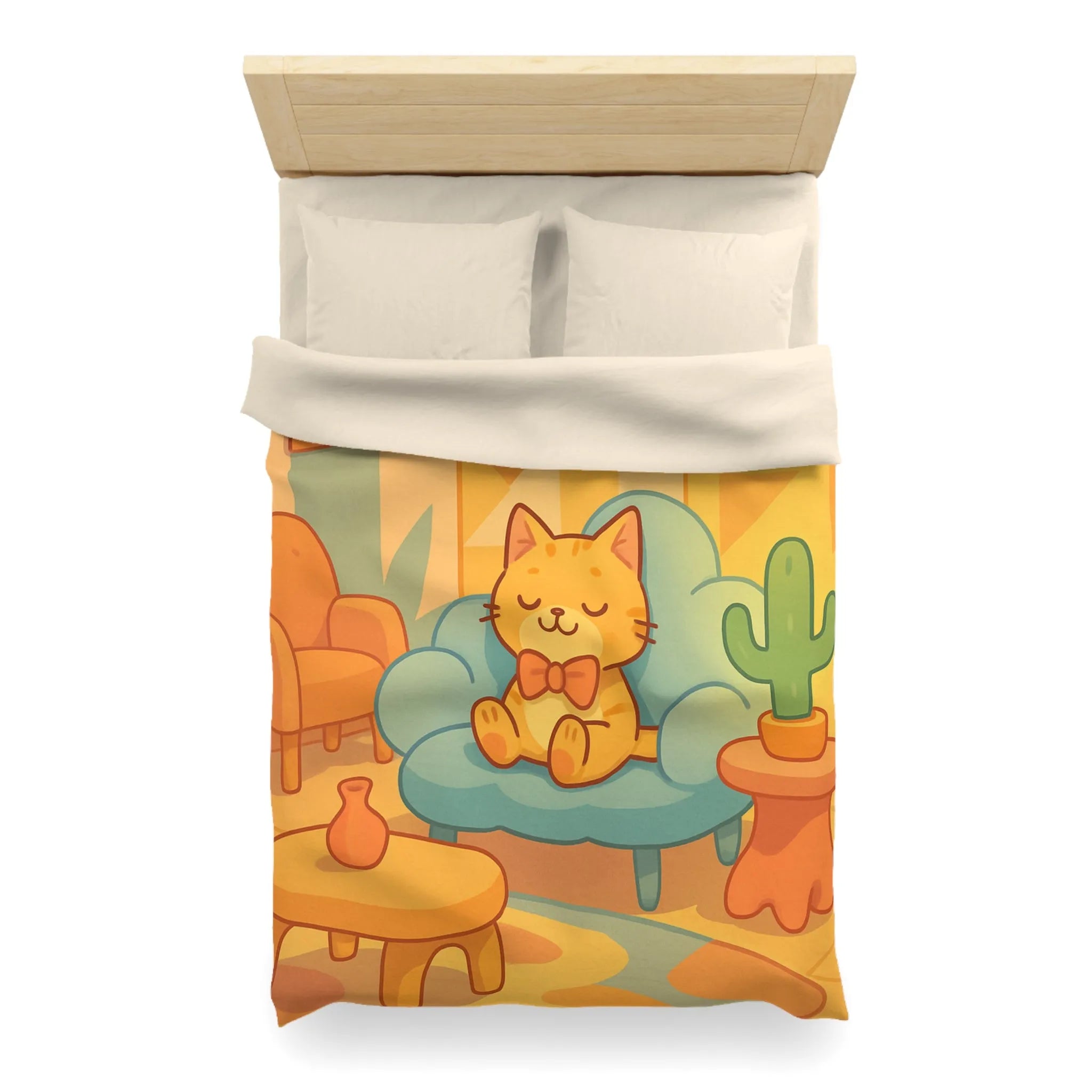 Housse de Couette Douce avec Chat Mignon et Décor Géométrique Moderne en Pastel