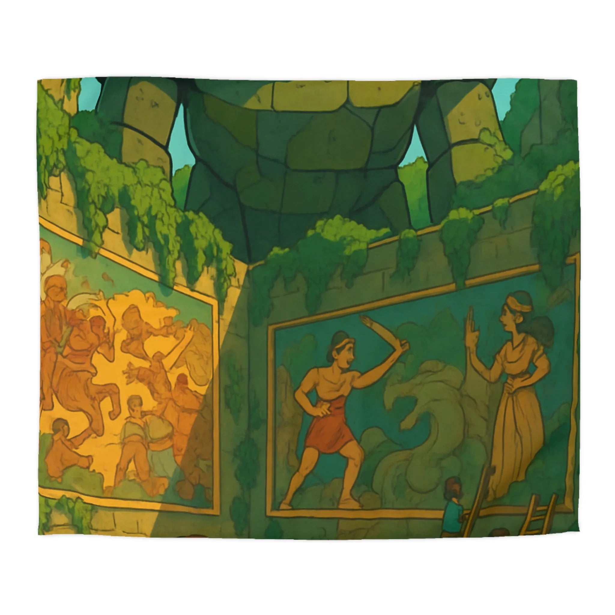 Enchantante parure de lit jardin fantastique avec golem géant et enfants joueurs colorés