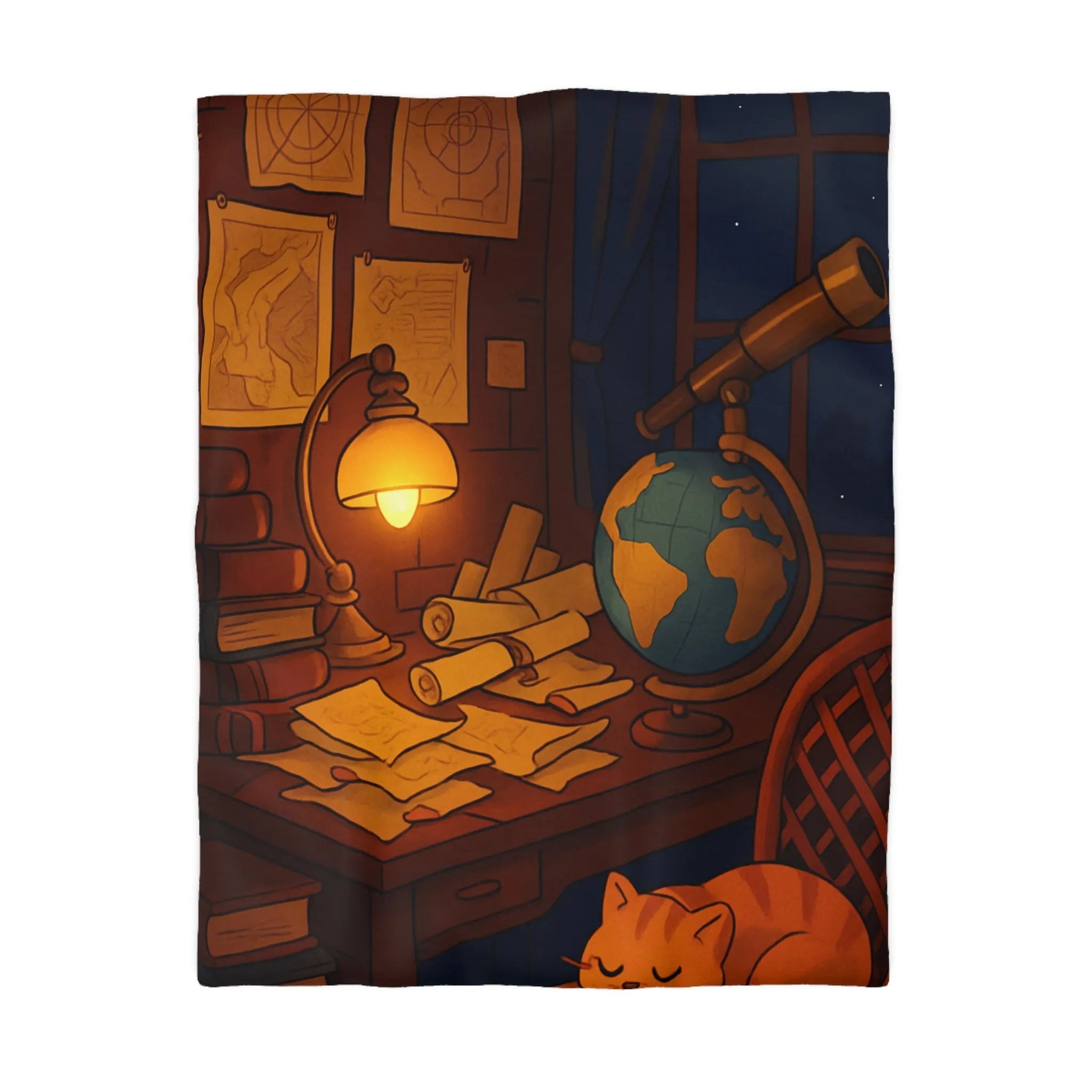Housse de Couette Astronomie Vintage avec Chat et Globe Terrestre pour Chambre Apaisante