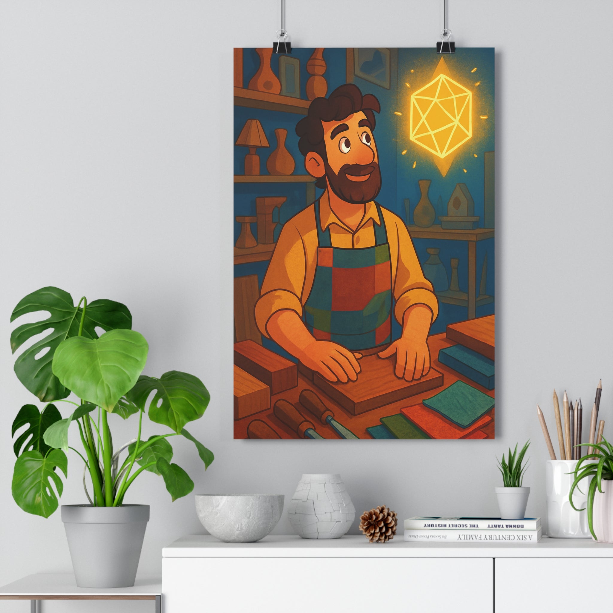 Poster décoratif cartoon lumineux bois couleurs vives atelier enfant bureau magique ambiance flottante 30x46