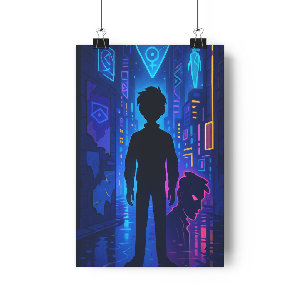 Poster décoratif futuriste cyberpunk néons bleu violet chambre bureau moderne design mural 30x46 qualité