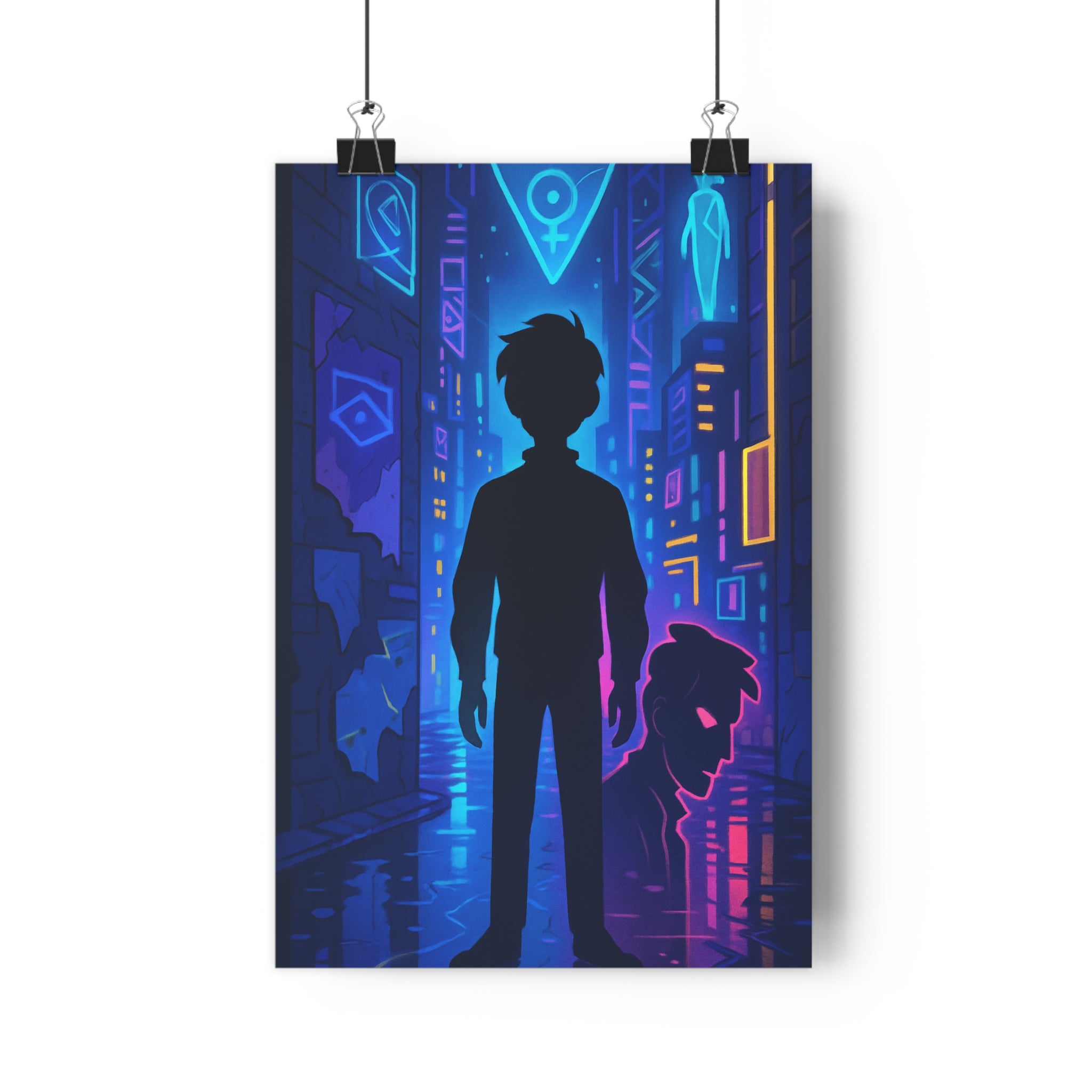 Poster décoratif futuriste cyberpunk néons bleu violet chambre bureau moderne design mural 30x46 qualité