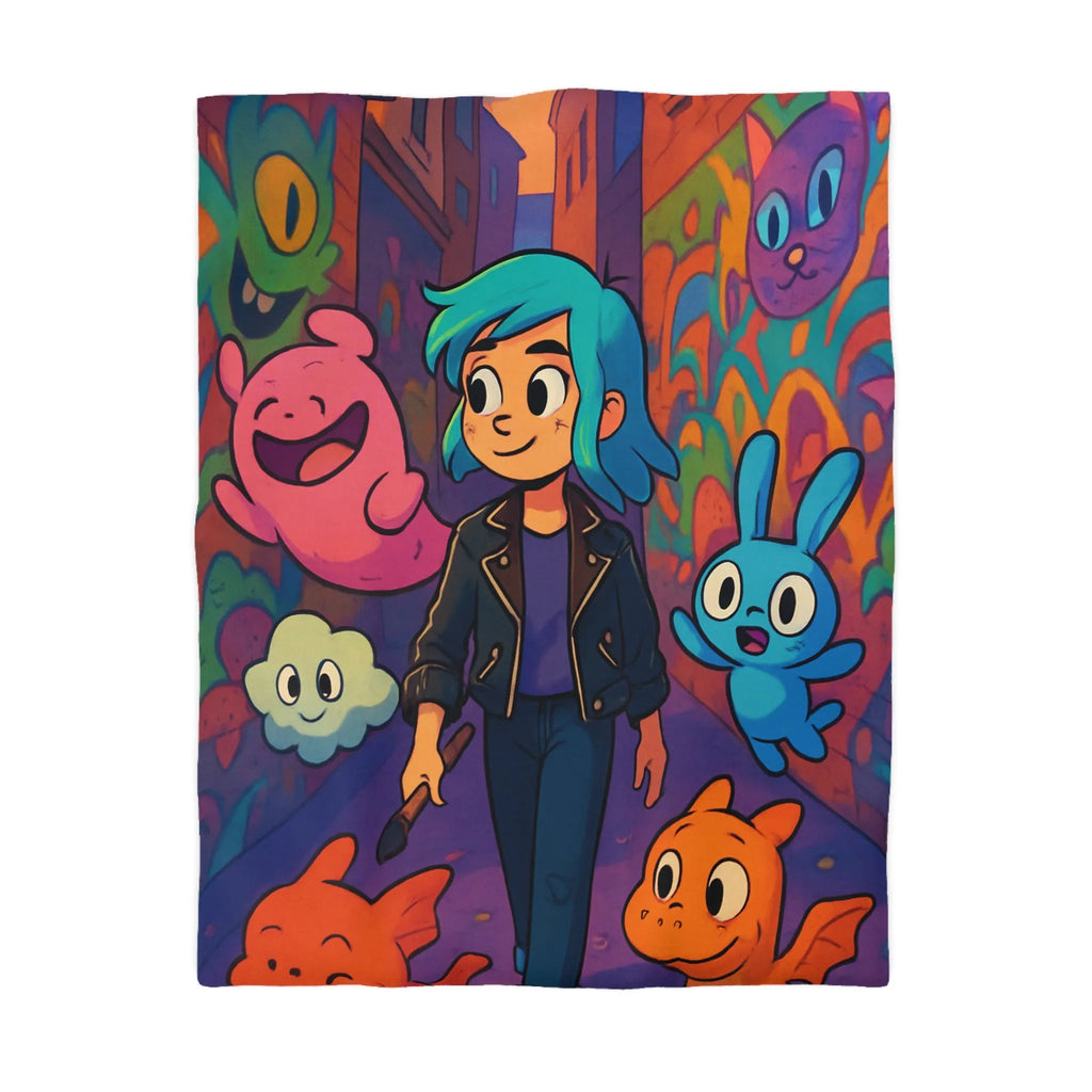 Housse de couette colorée avec personnages fantasy dans une ruelle urbaine magique