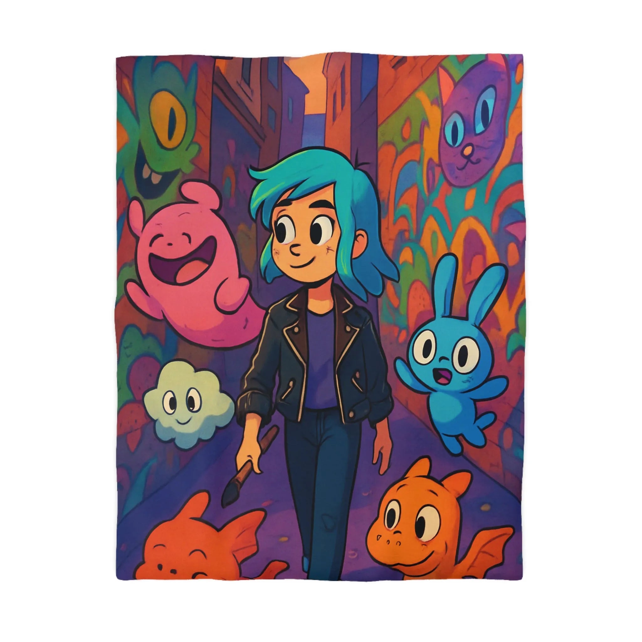 Housse de couette colorée avec personnages fantasy dans une ruelle urbaine magique