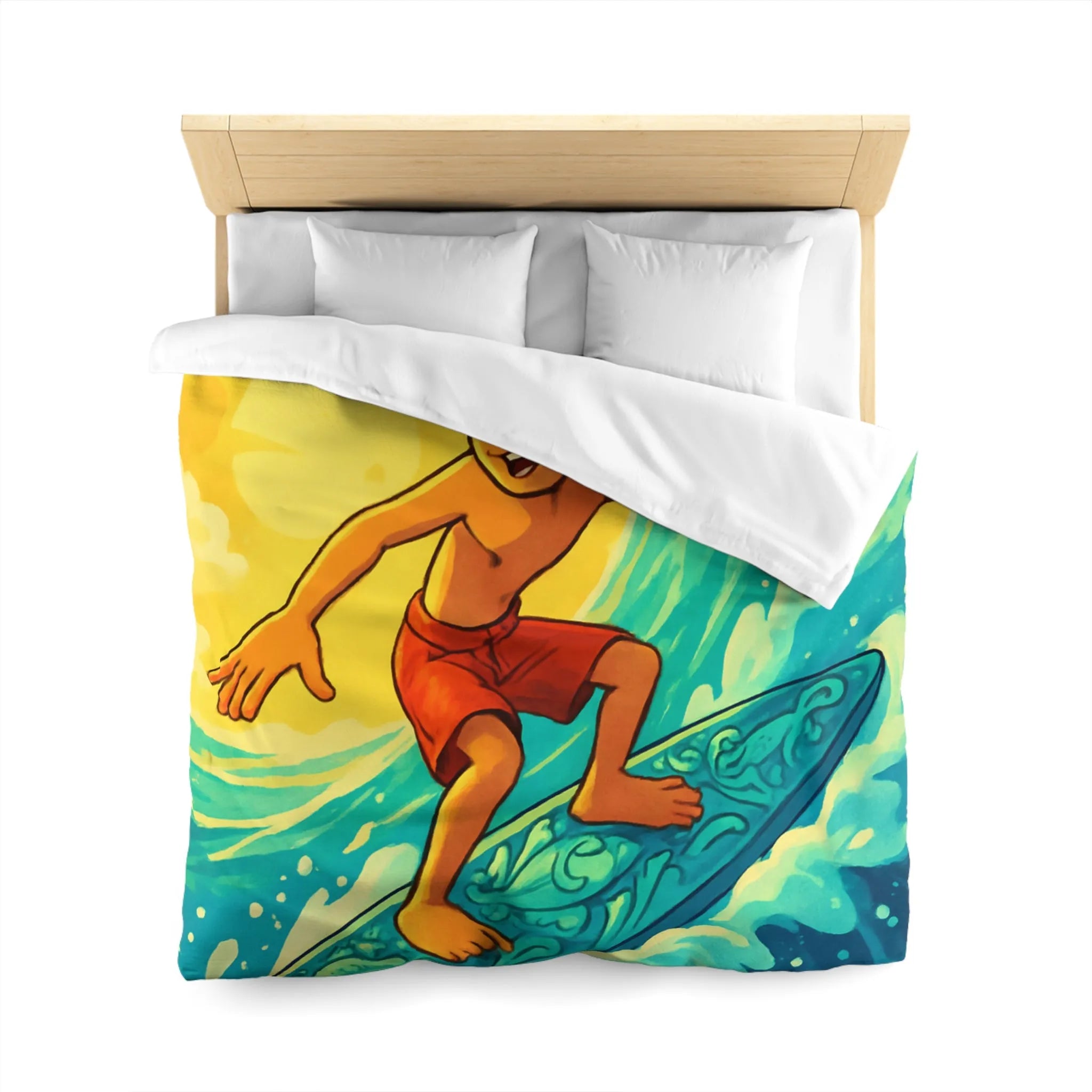 Enfant vibrant surfe sur vague turquoise sous ciel jaune vif artistique et joyeux